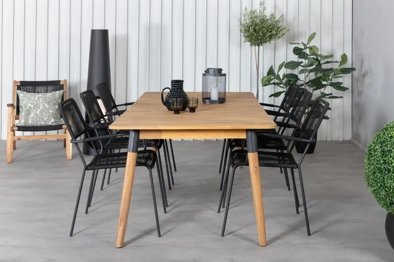 Julian & Lindos Gartenmöbel-Set mit Akazientisch und 6 Seilstühlen in Schwarz, im Wohnraum, Ansicht 1