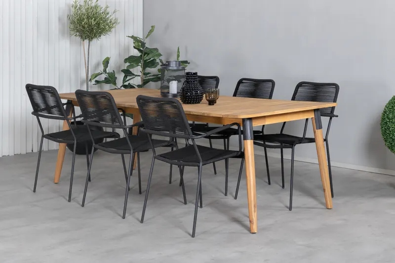 Julian & Lindos Gartenmöbel-Set mit Akazientisch und 6 Seilstühlen in Schwarz, im Wohnraum, Ansicht 2