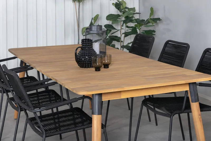Julian & Lindos Gartenmöbel-Set mit Akazientisch und 6 Seilstühlen in Schwarz, im Wohnraum, Ansicht 3