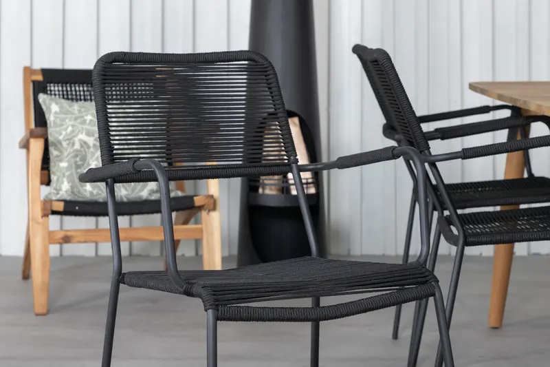 Julian & Lindos Gartenmöbel-Set mit Akazientisch und 6 Seilstühlen in Schwarz, im Wohnraum, Ansicht 4