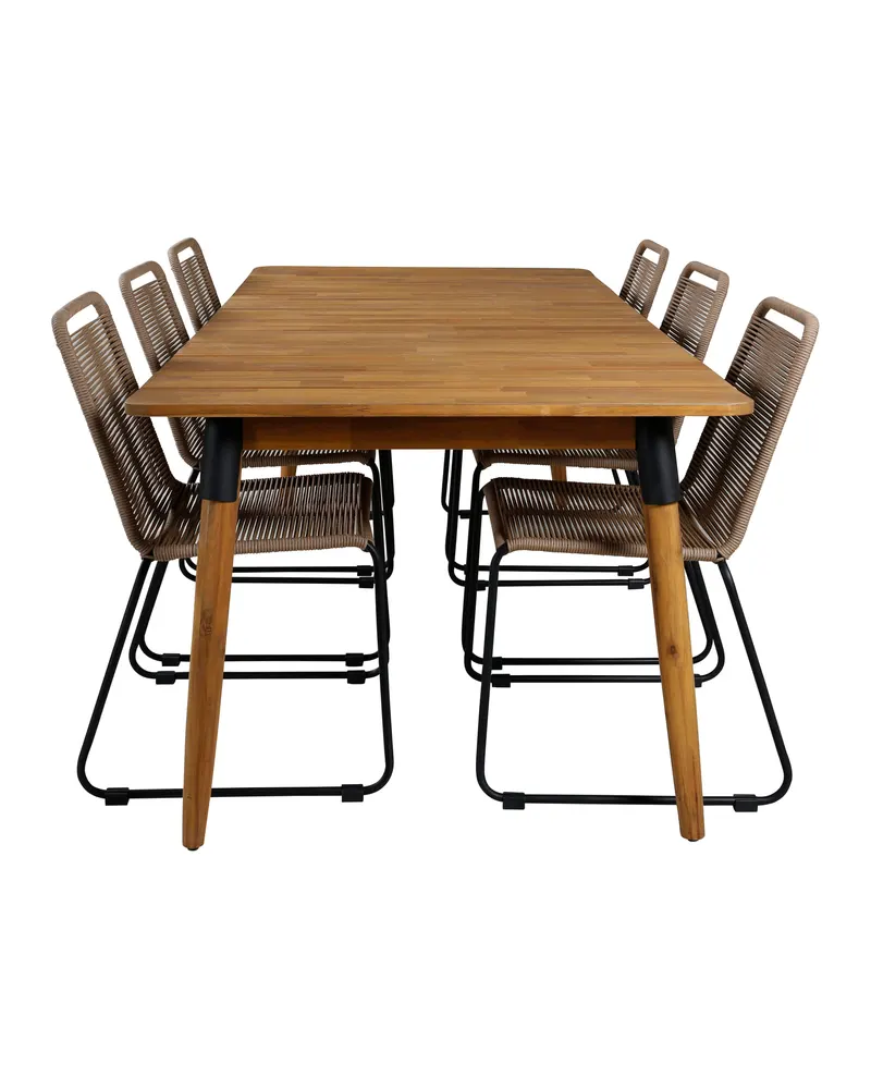 Julian & Lindos Gartenmöbel-Set mit Akazientisch und 6 Seilstühlen in Braun, Gestell Schwarz, Ansicht 1