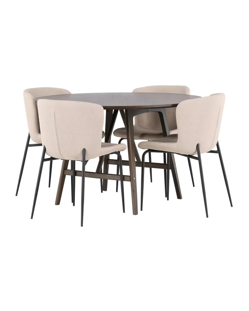 Kaseidon & Modesto Essgruppe mit rundem Esstisch und 4 Bouclé-Stühlen in Beige, Gestell Schwarz, Ansicht 1
