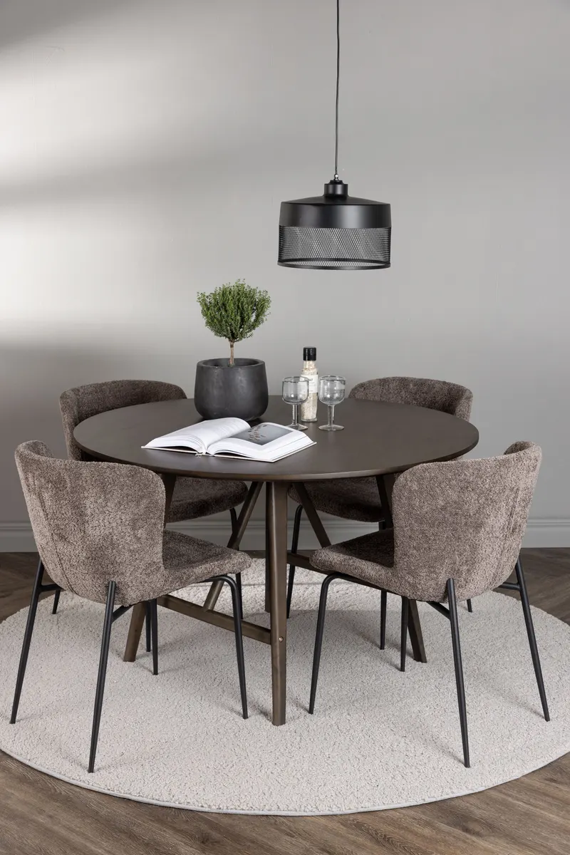Kaseidon & Modesto Essgruppe mit rundem Esstisch und 4 Bouclé-Stühlen in Braun, Gestell Schwarz, im Wohnraum, Ansicht 1