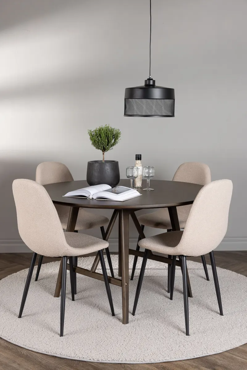 Kaseidon & Polar Essgruppe mit rundem Esstisch und 4 Polsterstühlen in Beige, Gestell Schwarz, im Wohnraum, Ansicht 1