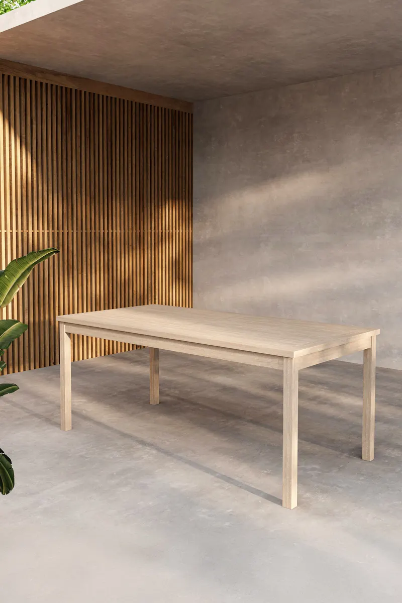 Kenya rechteckiger Gartentisch aus Teak in 180 × 90 cm, Whitewash, im Wohnraum, Ansicht 1