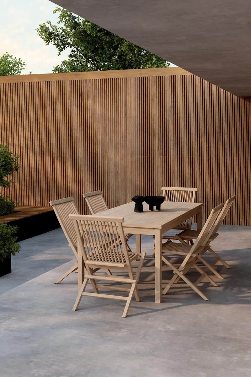 Kenya & Kenya Gartenmöbel-Set aus Teak mit Tisch 180 × 90 cm und 6 Stühlen in Whitewash, im Wohnraum, Ansicht 2