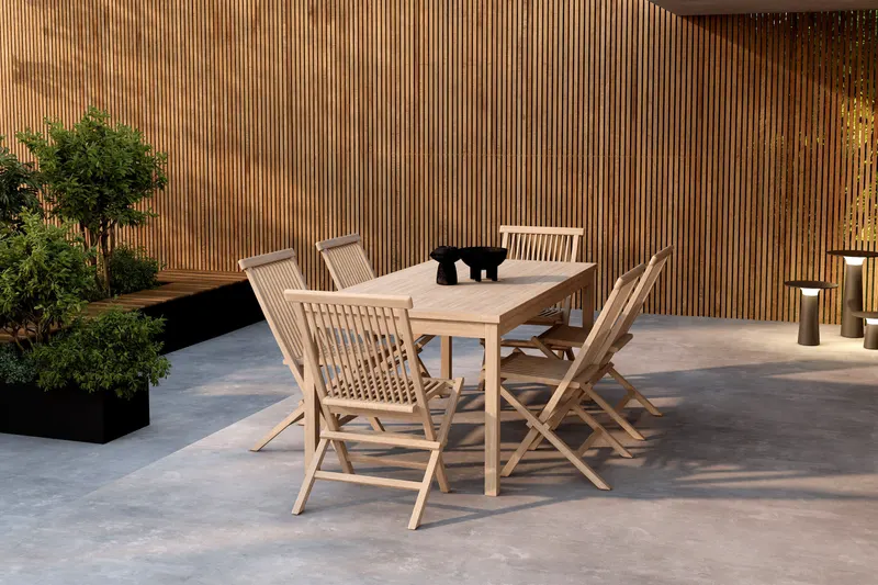 Kenya & Kenya Gartenmöbel-Set aus Teak mit Tisch 180 × 90 cm und 6 Stühlen in Whitewash, im Wohnraum, Ansicht 4