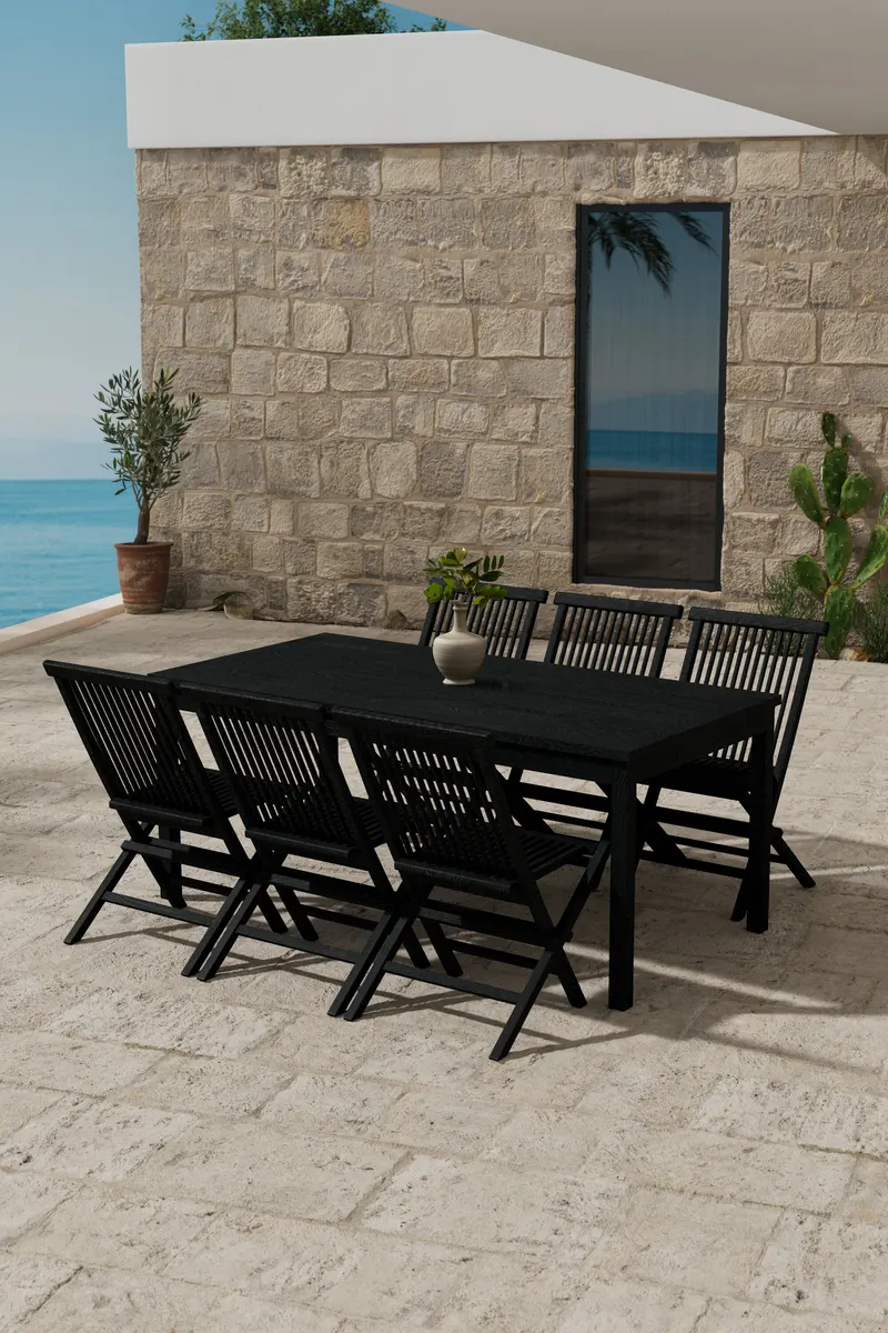 Kenya & Kenya Gartenmöbel-Set aus Teak mit Tisch 180 × 90 cm und 6 Stühlen in Schwarz, im Wohnraum, Ansicht 1
