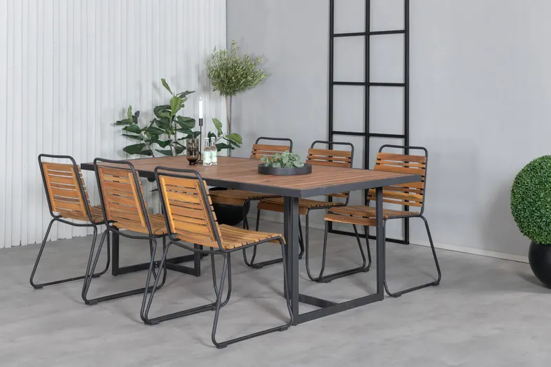Khung & Bois Gartenmöbel-Set mit Akazientisch und 6 Stühlen in Natur, Gestell Schwarz, im Wohnraum, Ansicht 2