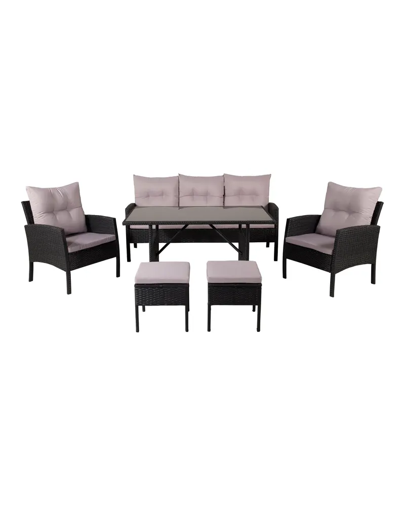 Knock Gartenlounge mit Esstisch, zwei Sesseln und Hockern