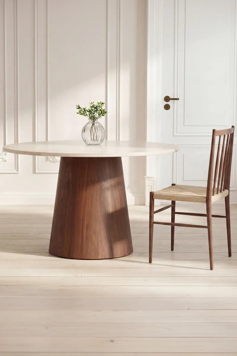 Lanzo runder Esstisch in Ø 120 cm, Beige, Gestell Mokka, im Wohnraum, Ansicht 1