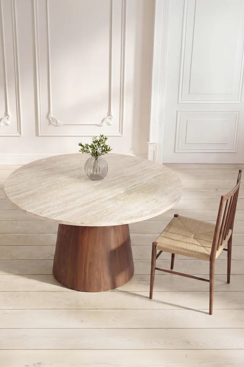 Lanzo runder Esstisch in Ø 120 cm, Beige, Gestell Mokka, im Wohnraum, Ansicht 2
