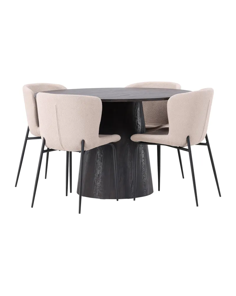Lanzo & Modesto Essgruppe mit rundem Esstisch und 4 Bouclé-Stühlen in Mokka, Beige, Gestell Schwarz, Ansicht 7
