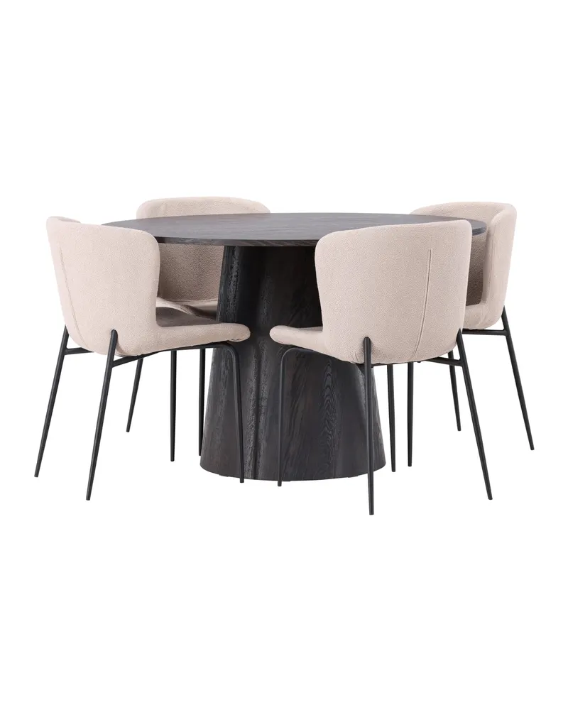 Lanzo & Modesto Essgruppe mit rundem Esstisch und 4 Bouclé-Stühlen in Mokka, Beige, Gestell Schwarz, Ansicht 8