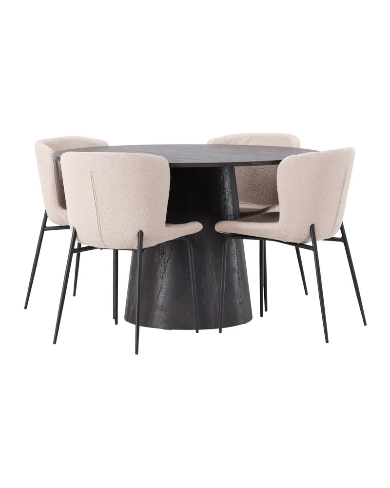 Lanzo & Modesto Essgruppe mit rundem Esstisch und 4 Bouclé-Stühlen in Mokka, Beige, Gestell Schwarz, Ansicht 10