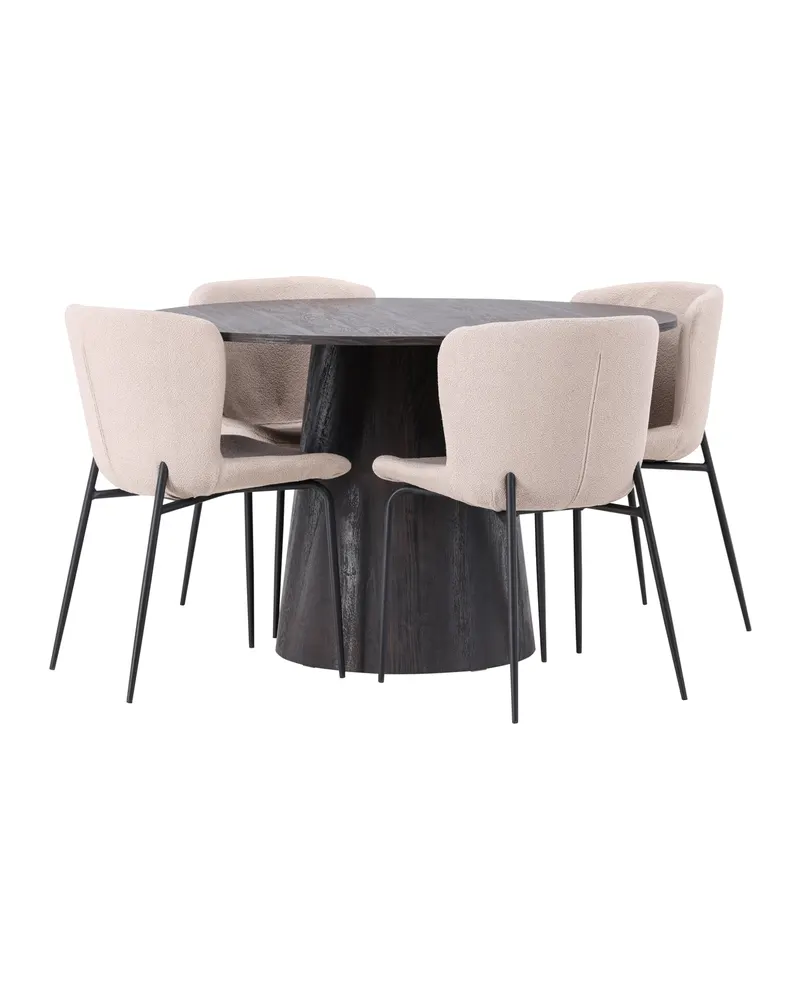 Lanzo & Modesto Essgruppe mit rundem Esstisch und 4 Bouclé-Stühlen in Mokka, Beige, Gestell Schwarz, Ansicht 11