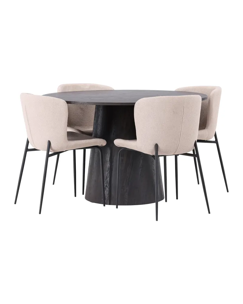 Lanzo & Modesto Essgruppe mit rundem Esstisch und 4 Bouclé-Stühlen in Mokka, Beige, Gestell Schwarz, Ansicht 12