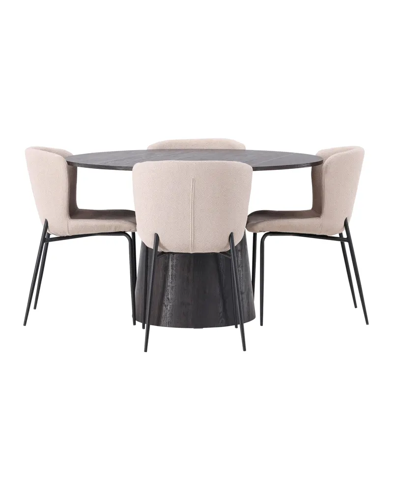 Lanzo & Modesto Essgruppe mit rundem Esstisch und 4 Bouclé-Stühlen in Mokka, Beige, Gestell Schwarz, Ansicht 2