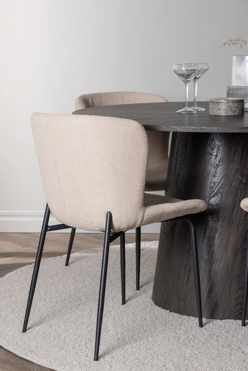 Lanzo & Modesto Essgruppe mit rundem Esstisch und 4 Bouclé-Stühlen in Mokka, Beige, Gestell Schwarz, im Wohnraum, Ansicht 2