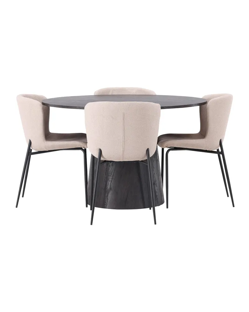 Lanzo & Modesto Essgruppe mit rundem Esstisch und 4 Bouclé-Stühlen in Mokka, Beige, Gestell Schwarz, Ansicht 3