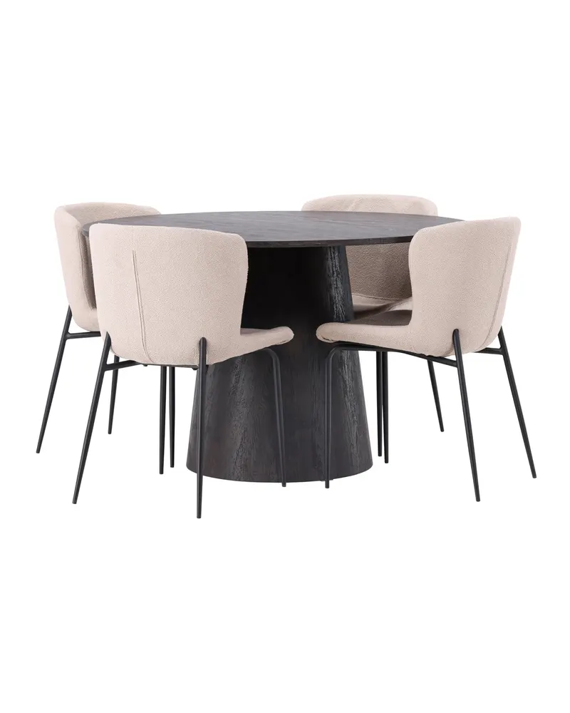 Lanzo & Modesto Essgruppe mit rundem Esstisch und 4 Bouclé-Stühlen in Mokka, Beige, Gestell Schwarz, Ansicht 4
