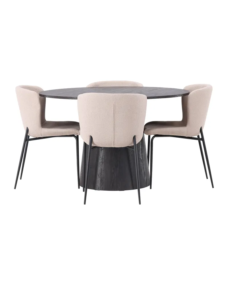 Lanzo & Modesto Essgruppe mit rundem Esstisch und 4 Bouclé-Stühlen in Mokka, Beige, Gestell Schwarz, Ansicht 6