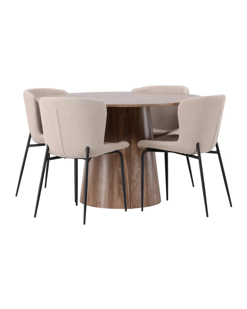 Lanzo & Modesto Essgruppe mit rundem Esstisch und 4 Bouclé-Stühlen in Natur, Beige, Gestell Schwarz, Ansicht 1