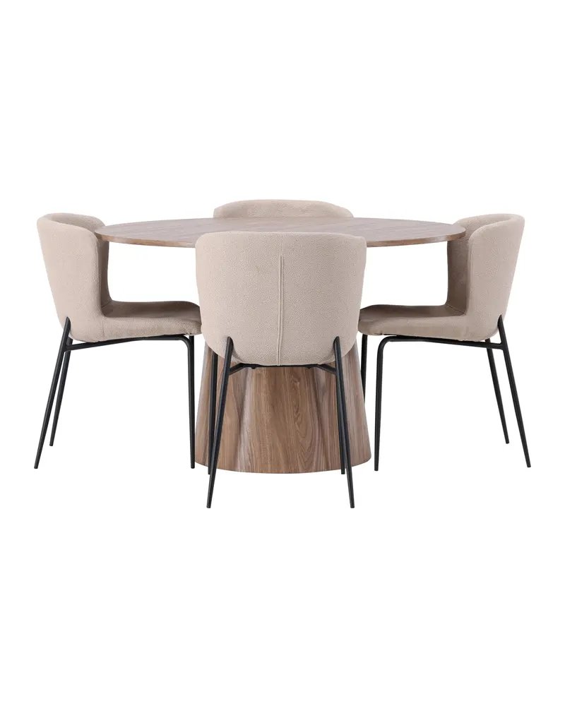 Lanzo & Modesto Essgruppe mit rundem Esstisch und 4 Bouclé-Stühlen in Natur, Beige, Gestell Schwarz, Ansicht 7