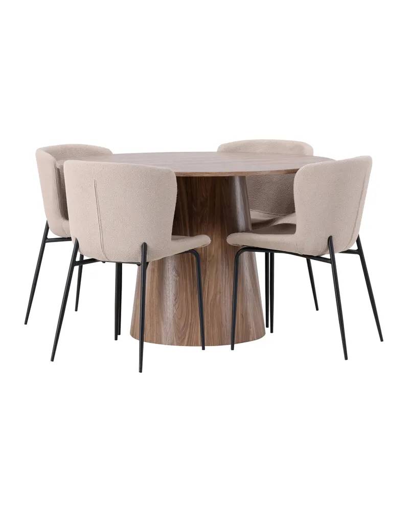 Lanzo & Modesto Essgruppe mit rundem Esstisch und 4 Bouclé-Stühlen in Natur, Beige, Gestell Schwarz, Ansicht 8