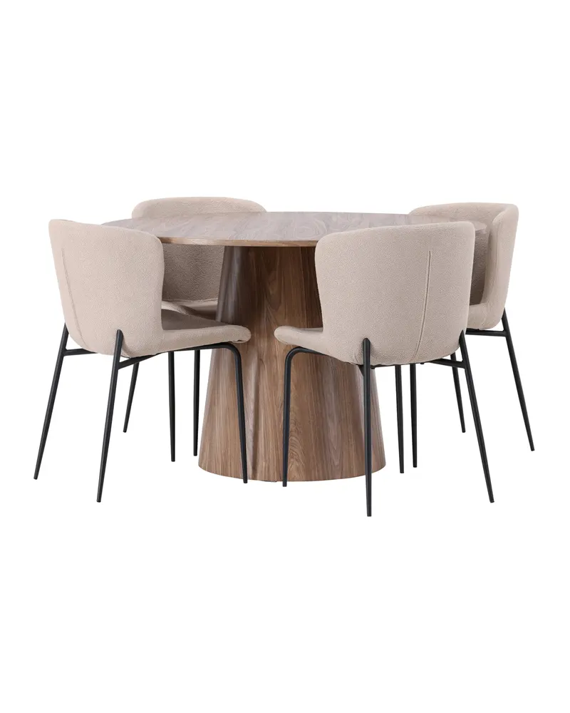 Lanzo & Modesto Essgruppe mit rundem Esstisch und 4 Bouclé-Stühlen in Natur, Beige, Gestell Schwarz, Ansicht 12
