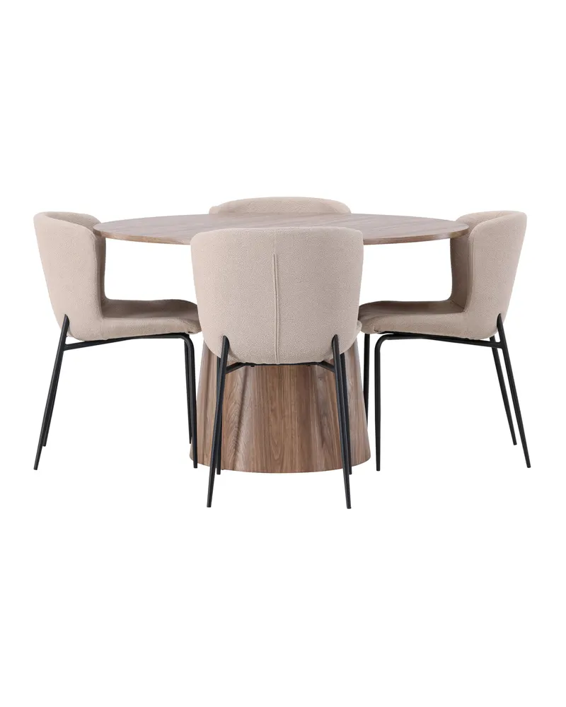 Lanzo & Modesto Essgruppe mit rundem Esstisch und 4 Bouclé-Stühlen in Natur, Beige, Gestell Schwarz, Ansicht 2