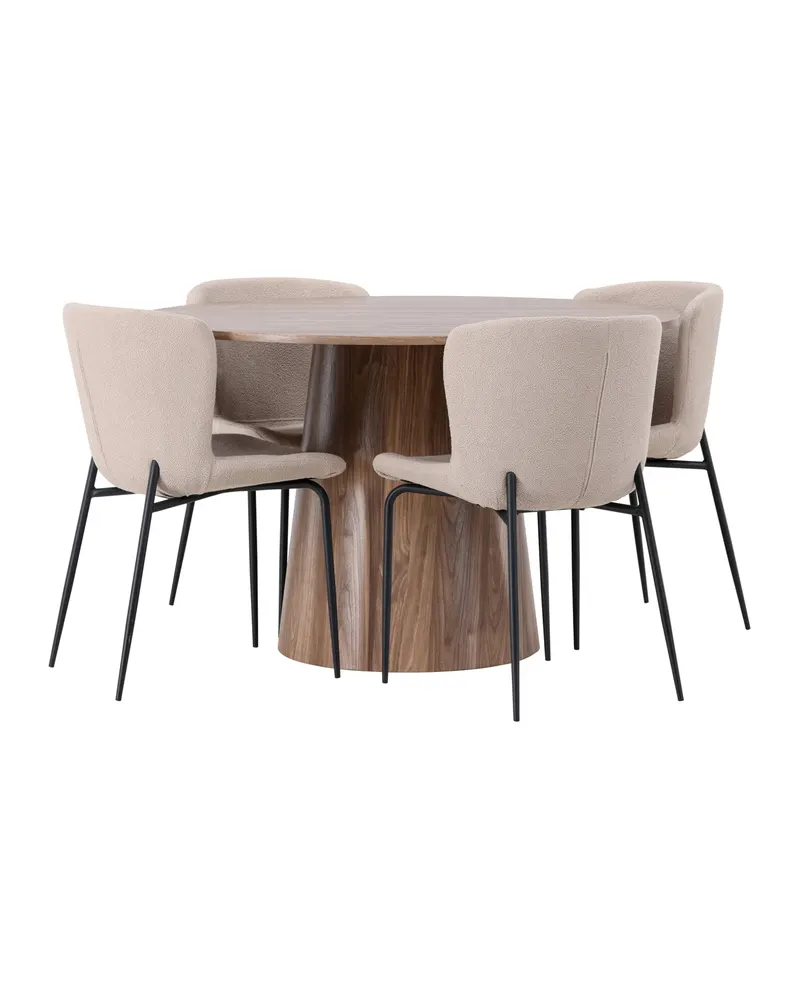 Lanzo & Modesto Essgruppe mit rundem Esstisch und 4 Bouclé-Stühlen in Natur, Beige, Gestell Schwarz, Ansicht 3