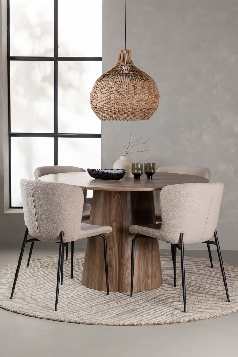 Lanzo & Modesto Essgruppe mit rundem Esstisch und 4 Bouclé-Stühlen in Natur, Beige, Gestell Schwarz, im Wohnraum, Ansicht 1