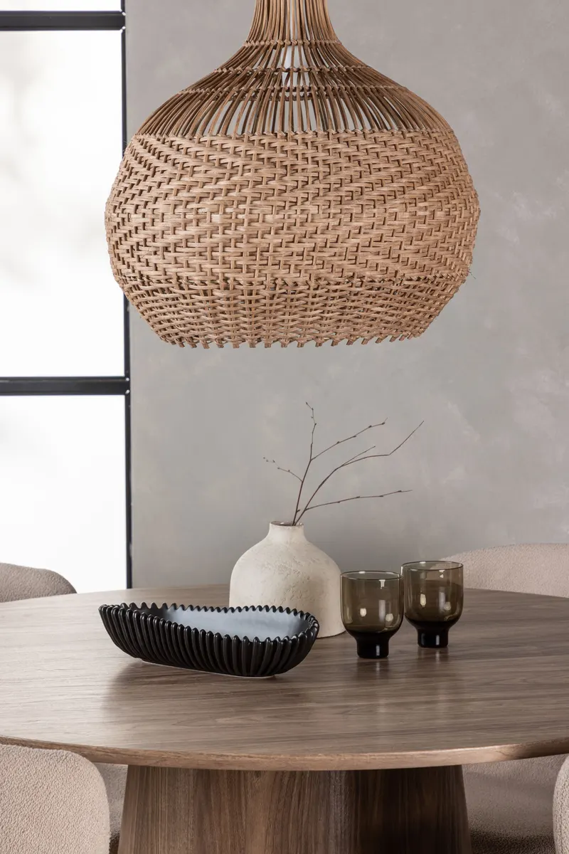 Lanzo & Modesto Essgruppe mit rundem Esstisch und 4 Bouclé-Stühlen in Natur, Beige, Gestell Schwarz, im Wohnraum, Ansicht 3