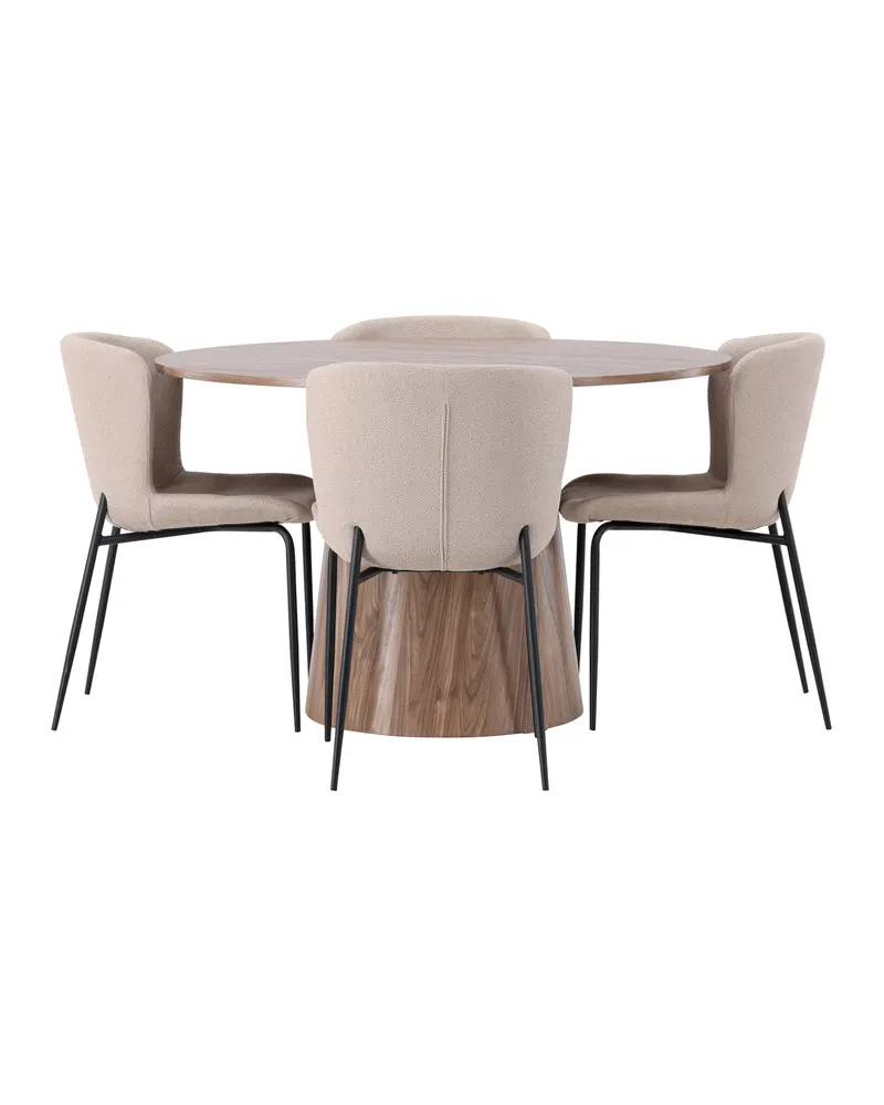Lanzo & Modesto Essgruppe mit rundem Esstisch und 4 Bouclé-Stühlen in Natur, Beige, Gestell Schwarz, Ansicht 4