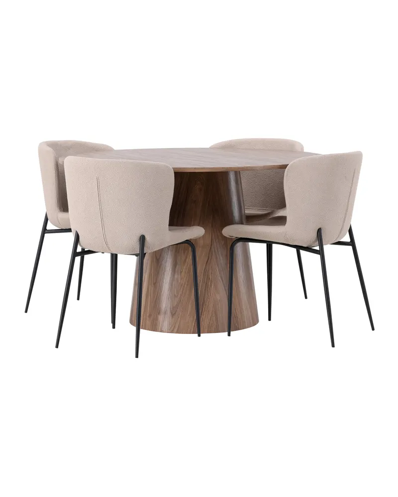 Lanzo & Modesto Essgruppe mit rundem Esstisch und 4 Bouclé-Stühlen in Natur, Beige, Gestell Schwarz, Ansicht 5