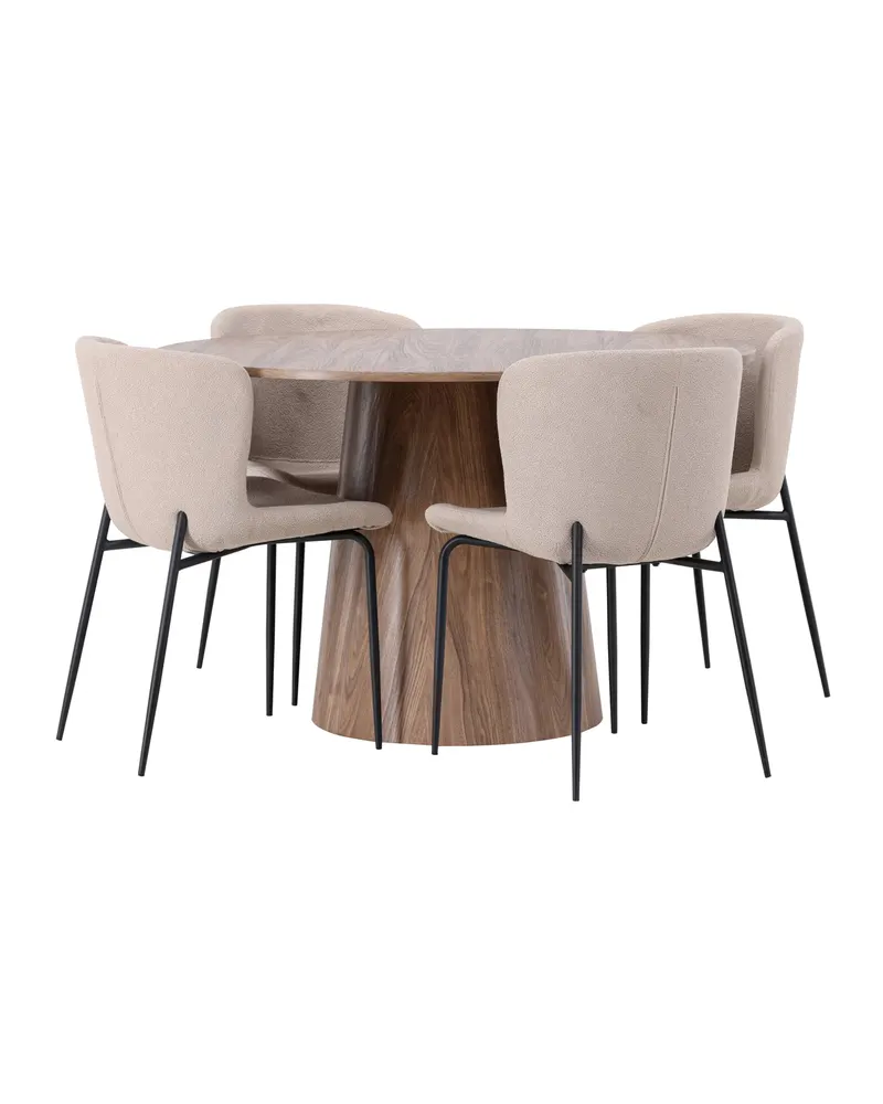 Lanzo & Modesto Essgruppe mit rundem Esstisch und 4 Bouclé-Stühlen in Natur, Beige, Gestell Schwarz, Ansicht 6