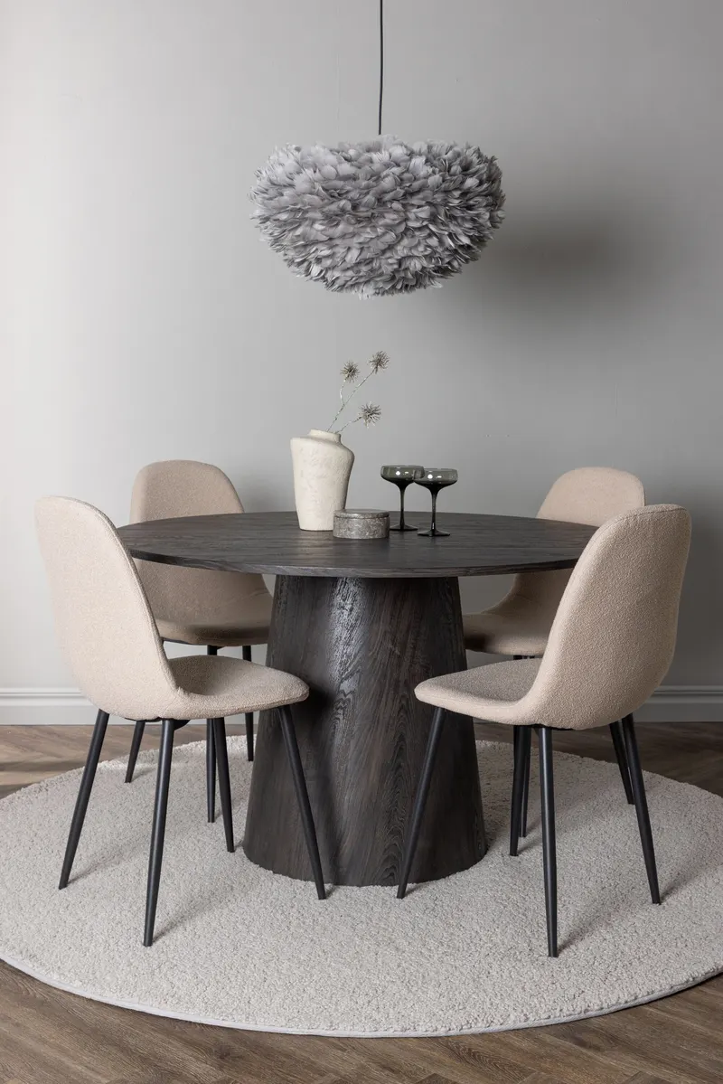 Lanzo & Polar Essgruppe mit rundem Esstisch und 4 gepolsterten Stühlen in Mokka, Beige, Gestell Schwarz, im Wohnraum, Ansicht 1