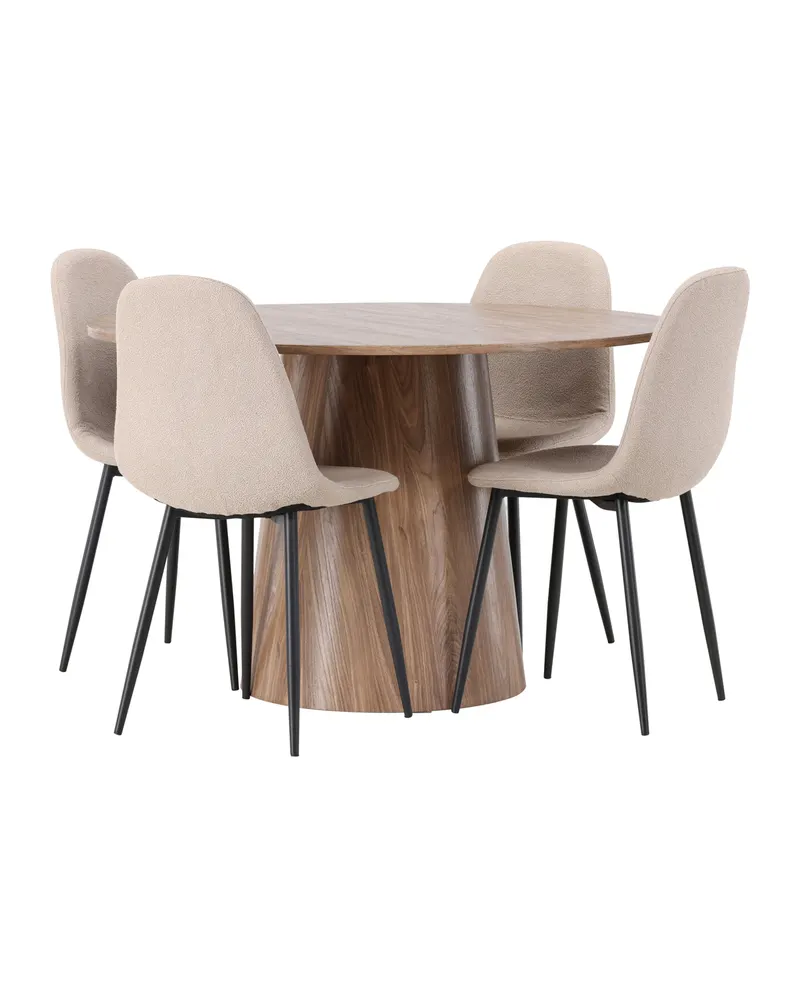 Lanzo & Polar Essgruppe mit rundem Esstisch und 4 gepolsterten Stühlen in Natur, Beige, Gestell Schwarz, Ansicht 1