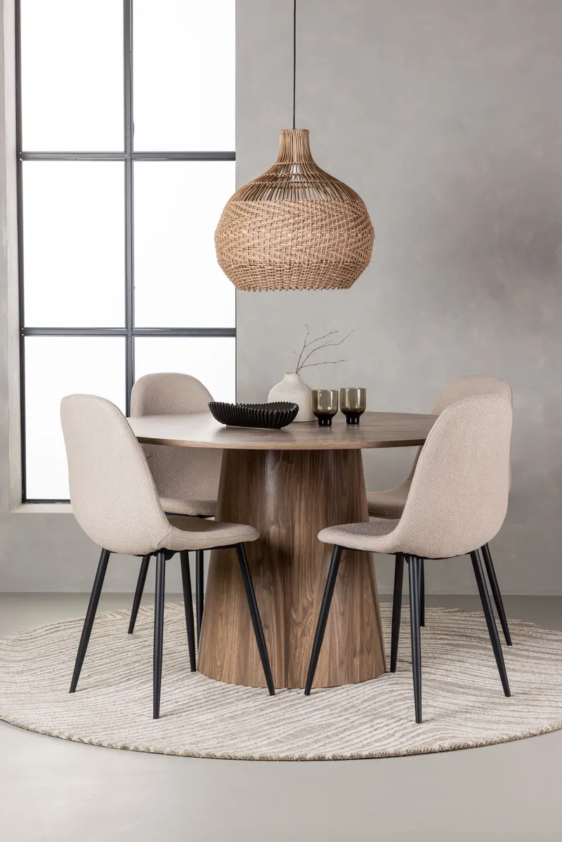 Lanzo & Polar Essgruppe mit rundem Esstisch und 4 gepolsterten Stühlen in Natur, Beige, Gestell Schwarz, im Wohnraum, Ansicht 1