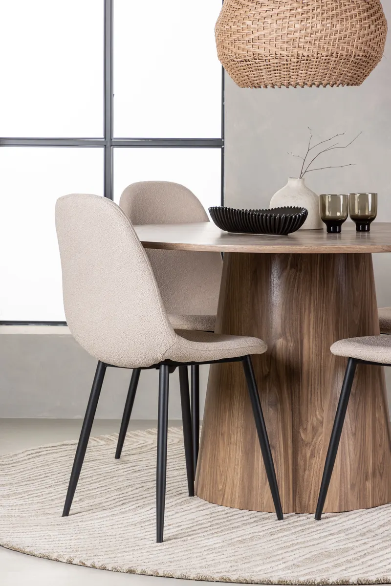Lanzo & Polar Essgruppe mit rundem Esstisch und 4 gepolsterten Stühlen in Natur, Beige, Gestell Schwarz, im Wohnraum, Ansicht 2
