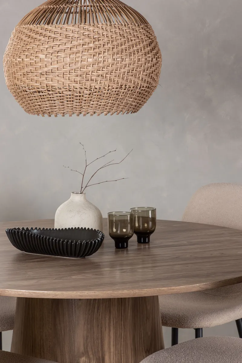 Lanzo & Polar Essgruppe mit rundem Esstisch und 4 gepolsterten Stühlen in Natur, Beige, Gestell Schwarz, im Wohnraum, Ansicht 3