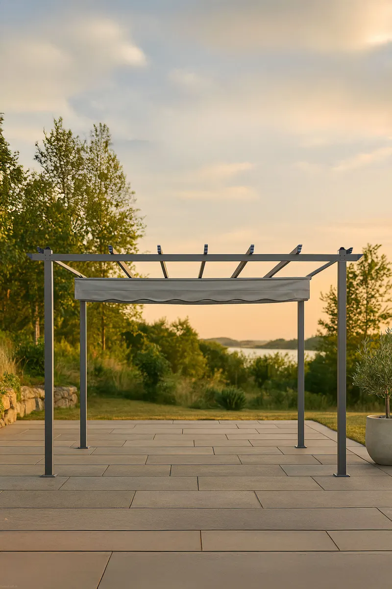 Lazio Pergola aus Aluminium mit Stoffdach in 295 × 245 × 395 cm, Grau, im Wohnraum, Ansicht 1