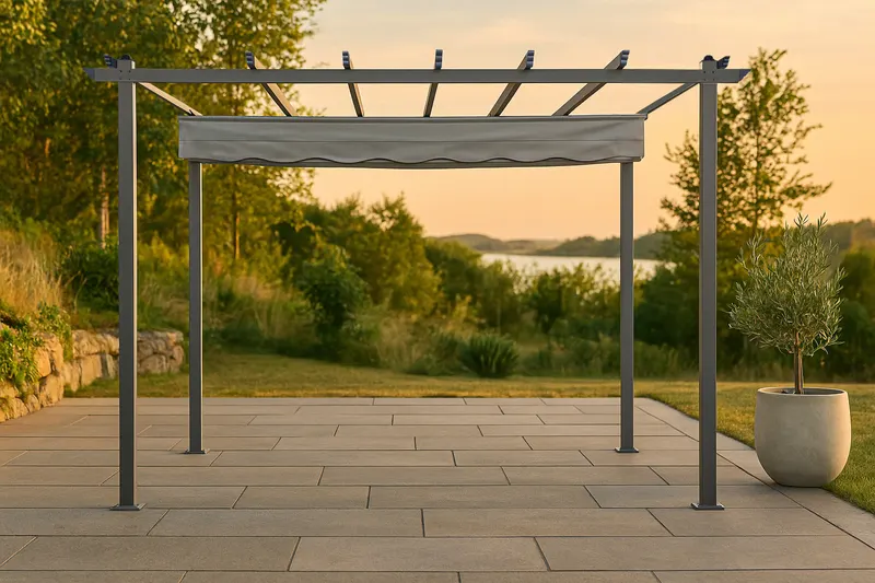 Lazio Pergola aus Aluminium mit Stoffdach in 295 × 245 × 395 cm, Grau, im Wohnraum, Ansicht 2