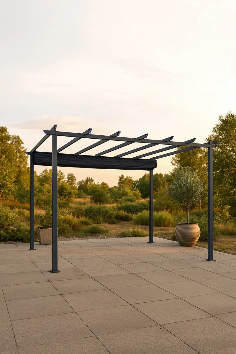 Lazio Pergola aus Aluminium mit Stoffdach in 295 × 245 × 395 cm, Schwarz, im Wohnraum, Ansicht 1