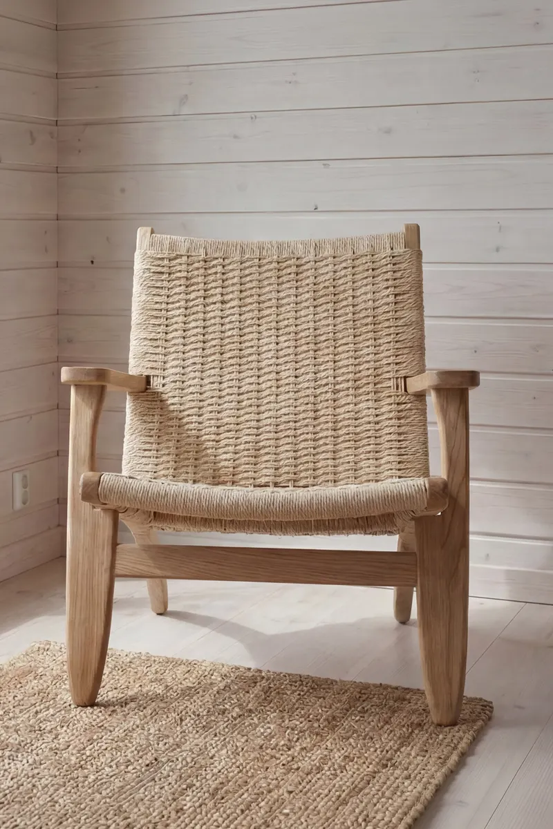 Lazy Sessel mit geflochtenem Sitz und Holzgestell, im Wohnraum, Ansicht 1