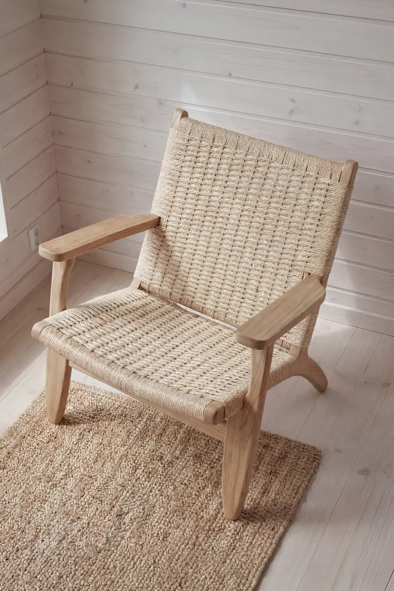 Lazy Sessel mit geflochtenem Sitz und Holzgestell, im Wohnraum, Ansicht 2
