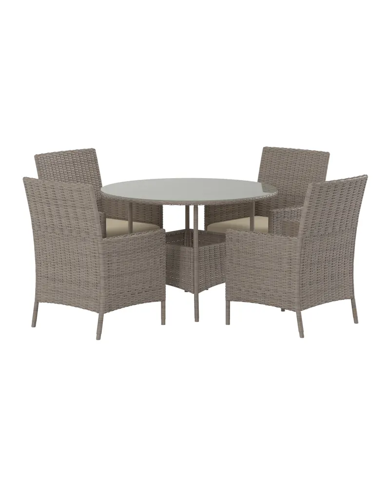 Lefkas Gartenmöbel-Set rund: Glastisch Ø 110 cm, 4 Geflechtstühle, Klar, Braun