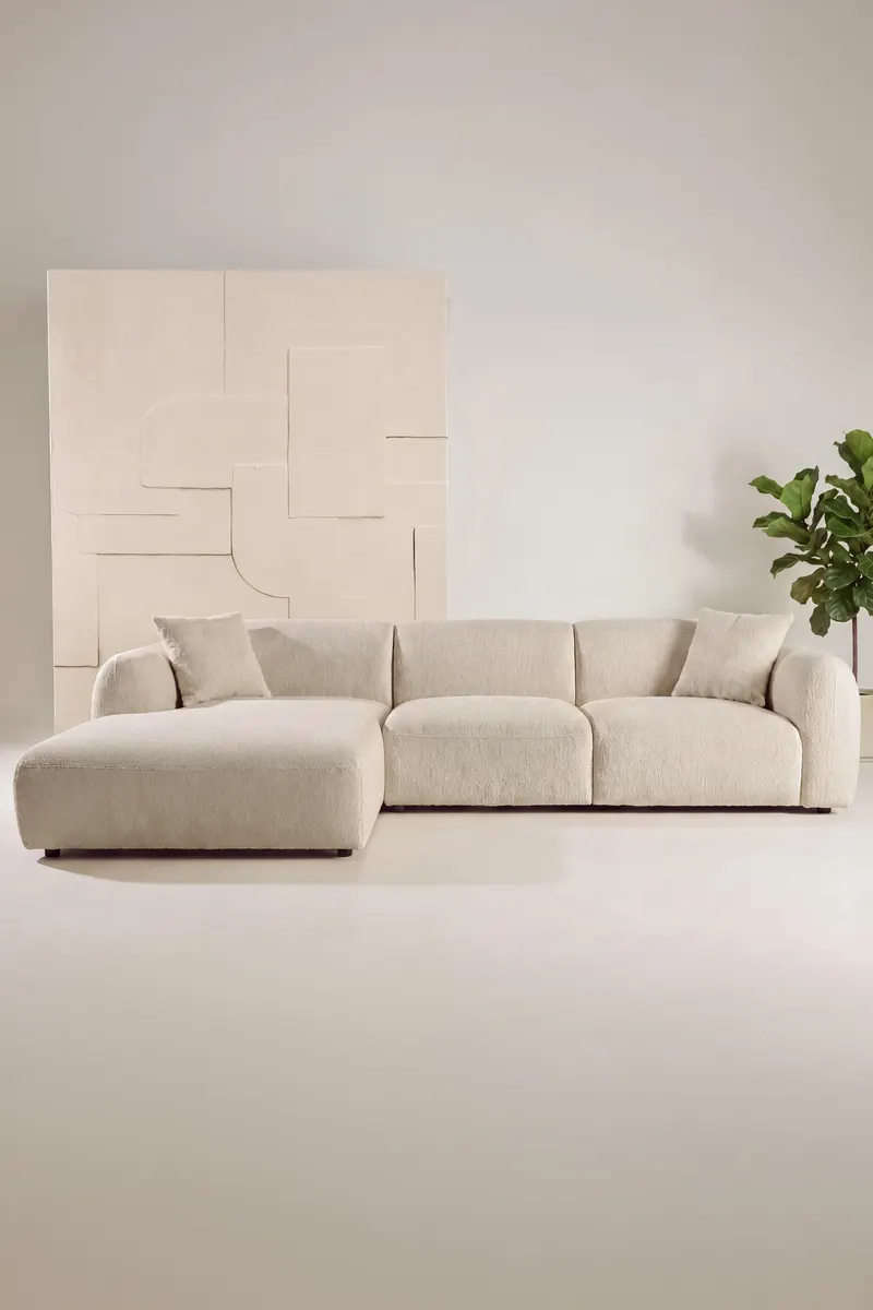 Leia Ecksofa mit Recamiere in Beige, Gestell Schwarz, links, im Wohnraum, Ansicht 1