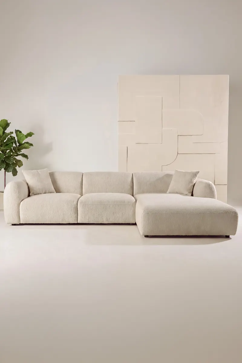 Leia Ecksofa mit Recamiere in Beige, Gestell Schwarz, rechts, im Wohnraum, Ansicht 1